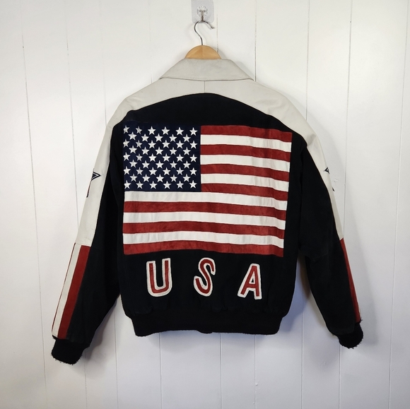 Vintage 90s USA American Flag Leather Mens Bomber Motorcycle Jacket Coat 1990s - Picture 1 of 15